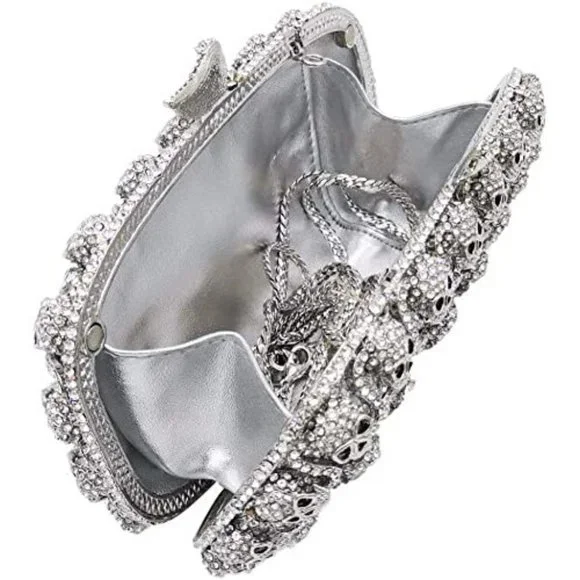 NWT Sparkling Bling Crystal Rhinestone Skull Clutch Purse Silver Gold +F… - Picture 6 of 11